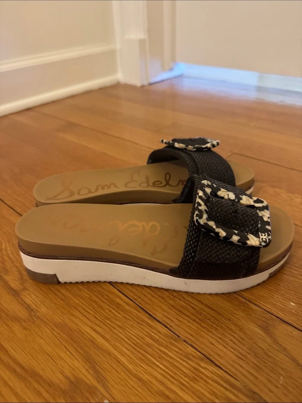Sam Edelman Black Slide Sandals with Patterned Buckle - Picture 3 of 5
